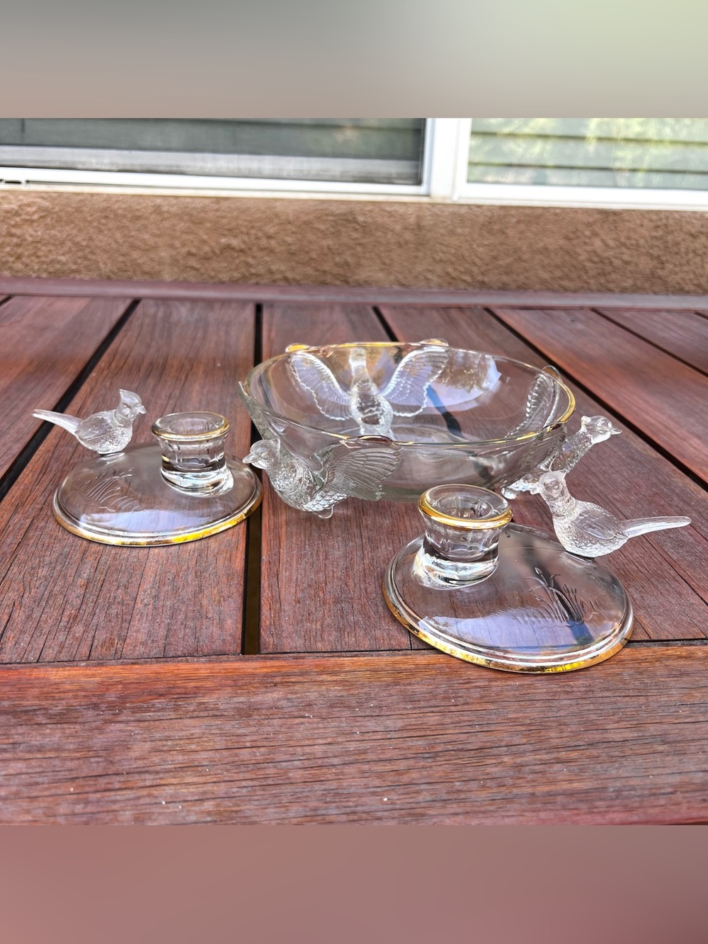 Jeannette Glass Pheasant Bird Footed Console Bowl & Matching Candlestick Holders